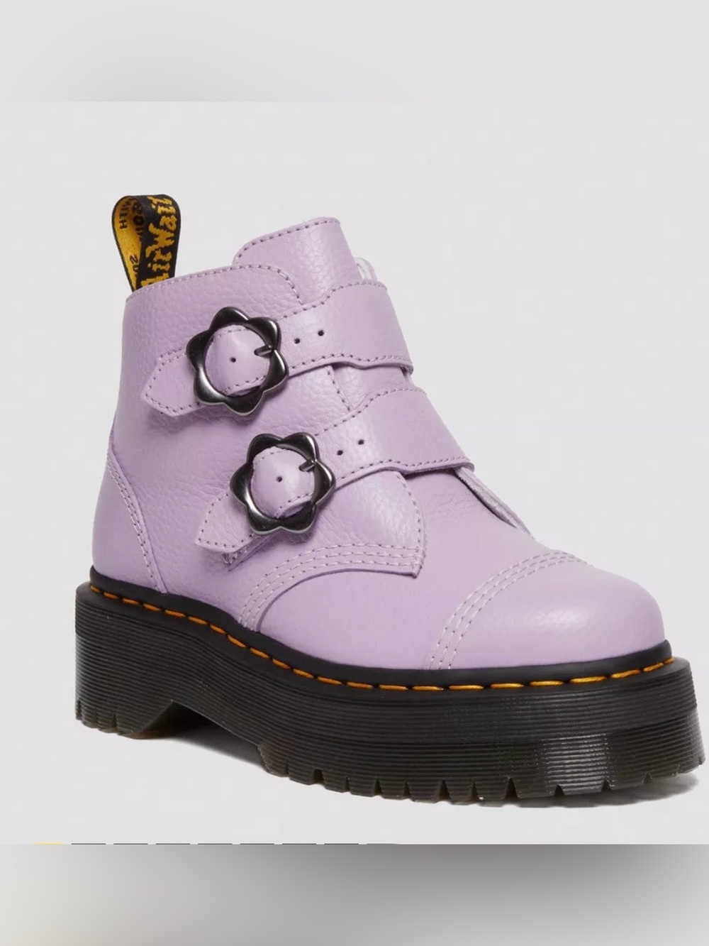 Barely used Dr. Martens Devon Flower platform boots in a lilac pebbled leather